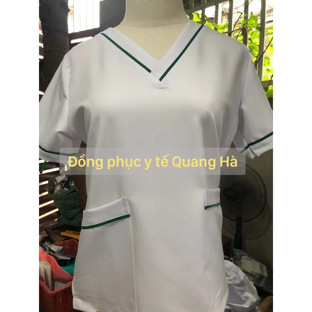 Bộ Scrubs trắng viền Xanh dương - Xanh Lá cotton -đồng phục điều dưỡng, spa, thẩm mỹ viện, dược sĩ .