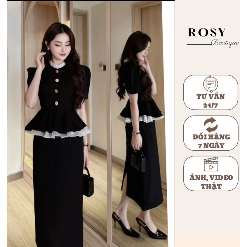 Váy thiết kế liền thân viền bèo đính nút dáng but chì suông nhẹ nhàng , thiết kế Rosy v64