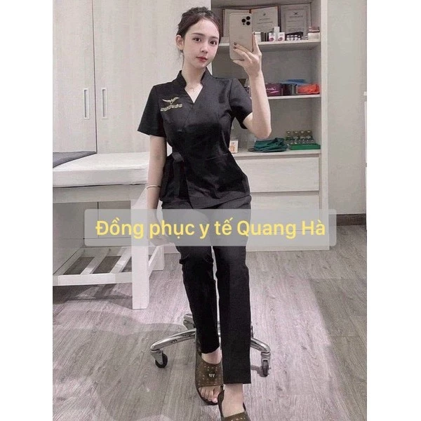 Đồng phục spa thắt nơ cổ tàu dáng trẻ trung, Đồng phục thẩm mỹ viện chất cotton lạnh cao cấp đủ size
