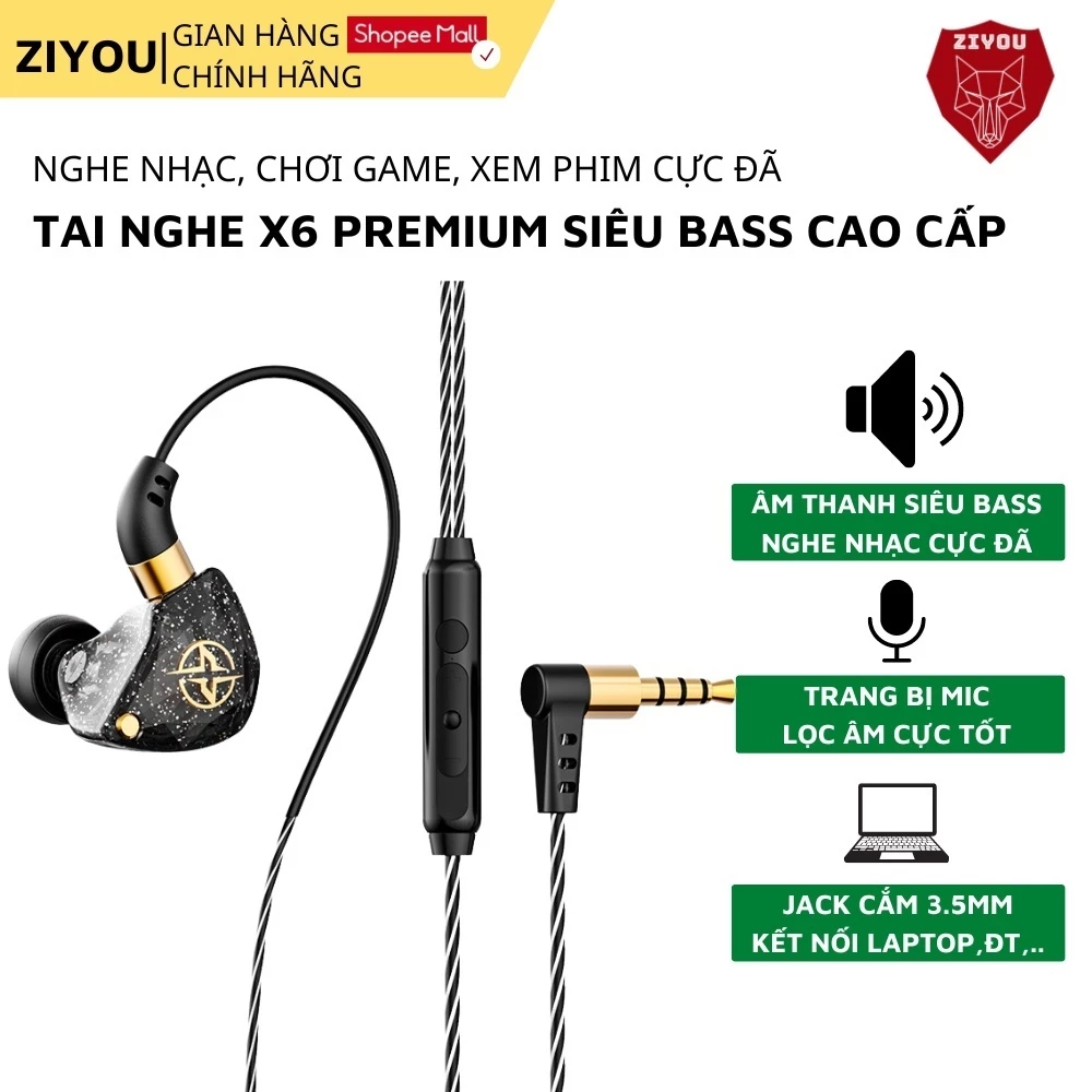 Tai Nghe Nhét Tai ZIYOU X6 Premium, Chống Ồn Cực Tốt, Âm Thanh Super Bass, Tích Hợp Mic Chơi Ga