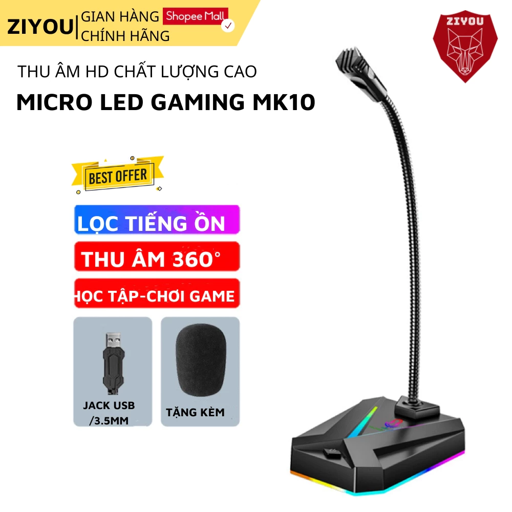 Micro Máy Tính, Laptop MK10 LED RGB Thu Âm Chống Nhiễu Kết Nối Jack USB Hoặc 3.5mm Dùng Live St