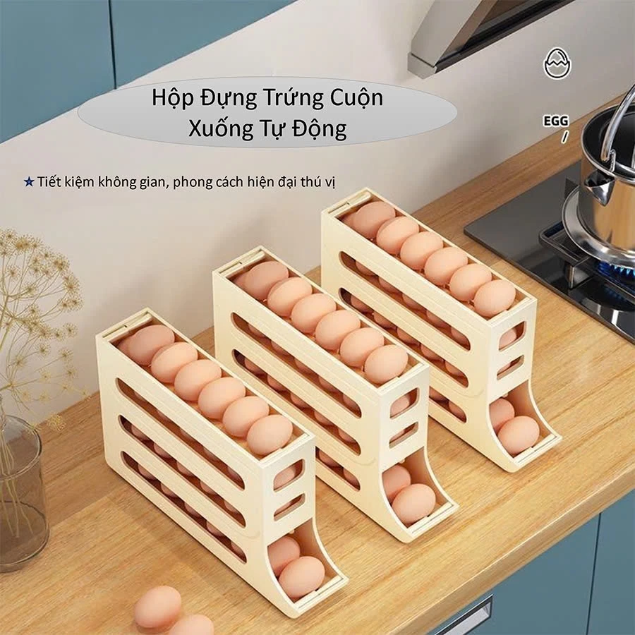 Hộp Bảo Quản Trứng 4 Tầng Tự Động Trượt Xuống, Khay Đựng Trứng Tủ Lạnh Nhà Bếp