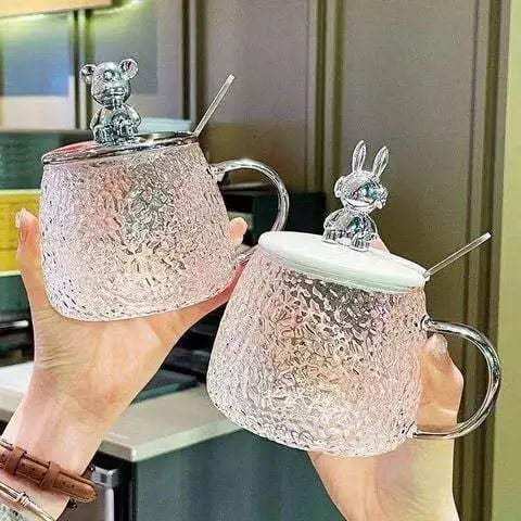3345- Cốc hút ly thủy tinh tặng kèm nắp gấu,thìa 400ml