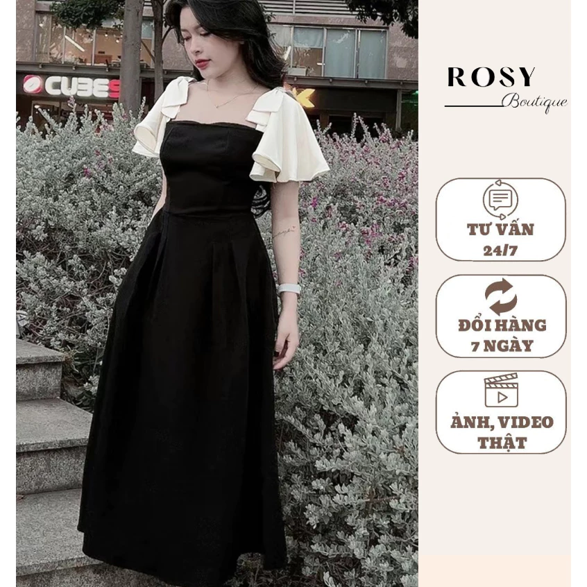 Váy thiết kế dáng dài nơ tay bèo xinh xắn , thiết kế Rosy V67