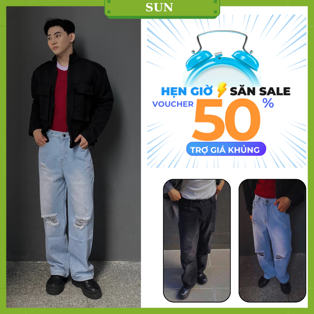 Quần jean rách gối ống rộng mix nửa cạp chun S4 SUN cá tính dễ phối đồ thoải mái năng động và cá tính