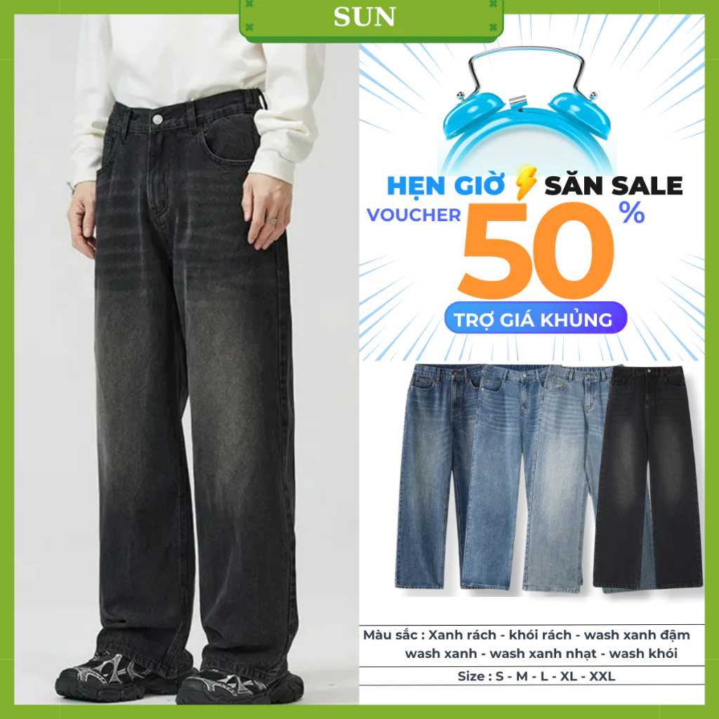 Quần jean Wash form suông ống rộng nam nữ Unisex SUN 95 đa dạng mẫu mã
