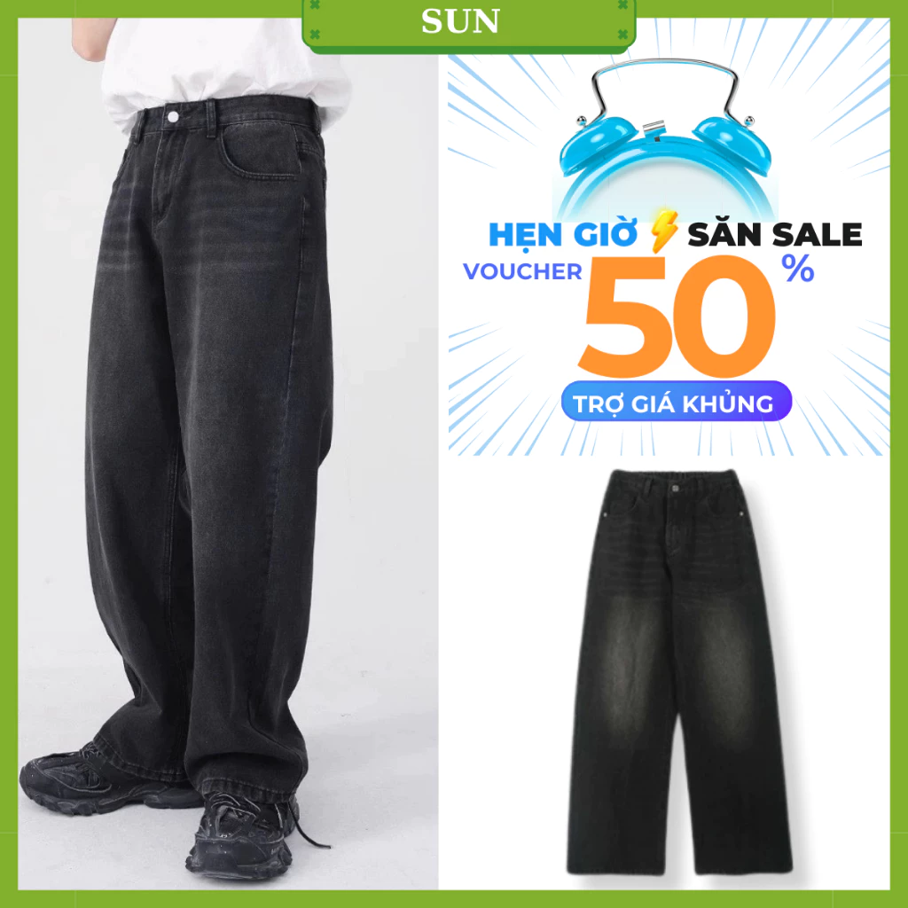 Quần jean CẠP BÁN CHUN nam nữ drit wash MÀU KHÓI SUN mã 95 form suông ống rộng