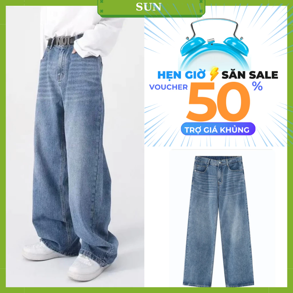 Quần jean dirt wash BÁN CẠP CHUN MÀU XANH SUN MÃ 95 form suông ống rộng nam nữ