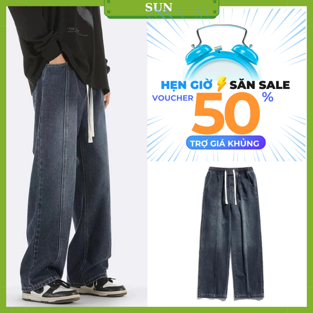 Quần jean nam nữ cạp chun phối line ống rộng SUN 03 màu XANH ĐẬM chất liệu mềm mại, phong cách Hàn Quốc