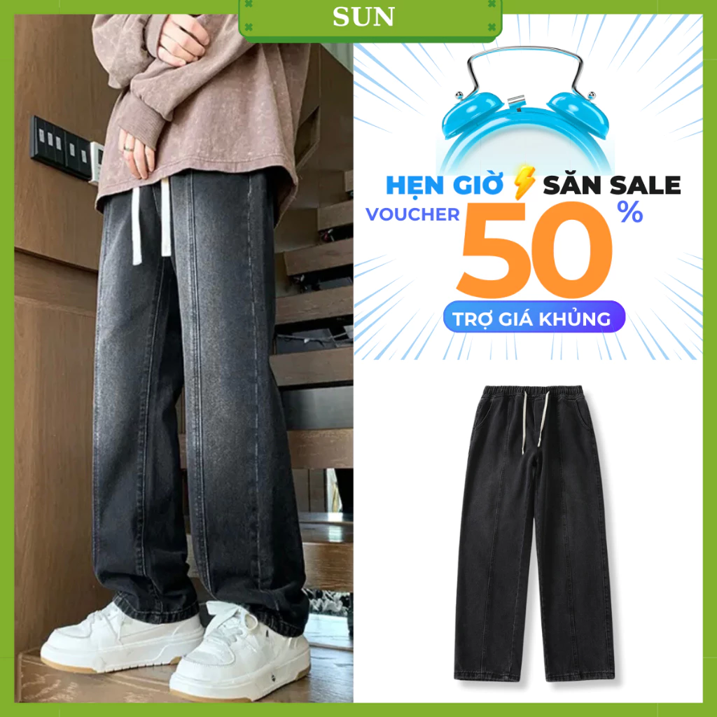 Quần jean nam nữ cạp chun phối line ống rộng SUN 03 MÀU KHÓI chất liệu thoải mái, cá tính năng động
