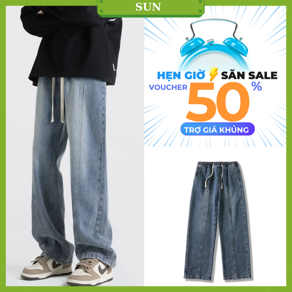 Quần jean nam nữ cạp chun phối line ống rộng MÀU XANH SUN mã 03 cạp chun thoải mái hách dáng