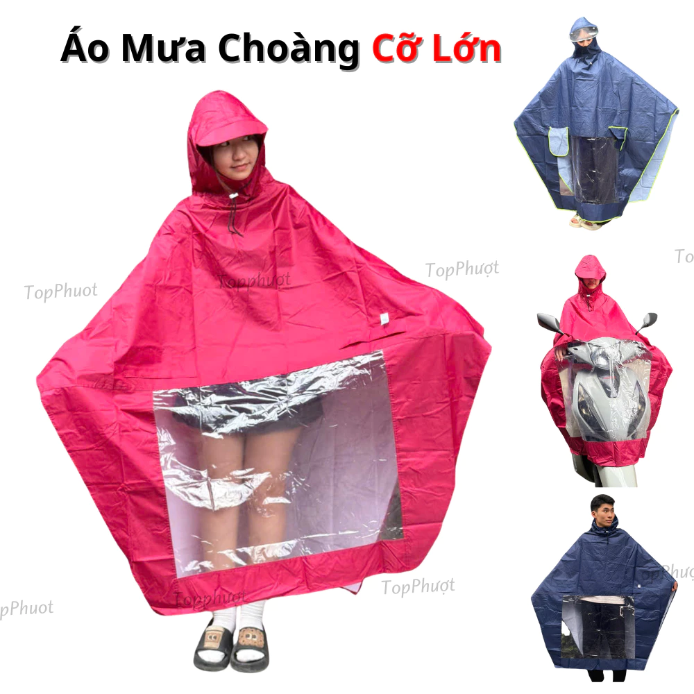 Áo Mưa Choàng Cánh Dơi Đi Xe Máy 1 Người, 2 Người - Vải Dù Tổ Ong Cao Cấp Chống Rách Trùm Kín Chống Nước Có Lỗ Xỏ Gương