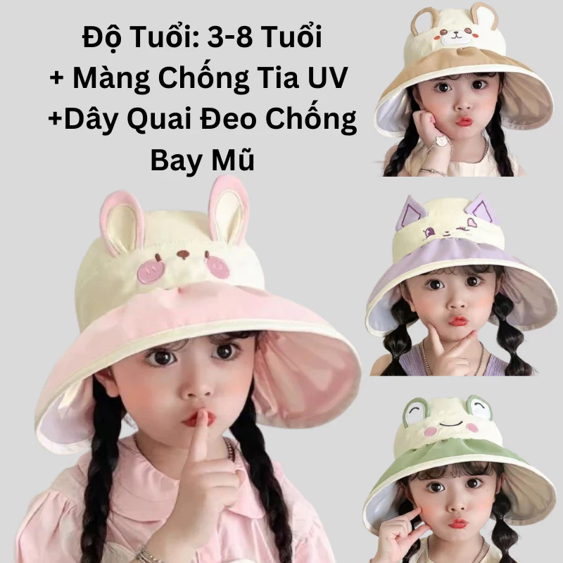 Mũ Rộng Vành Che Nắng [ Hàng Dày Loại 1 ] Hở Chóp Họa Tiết Hoạt Hình Dễ Thương Cho Bé 3-8 tuổi