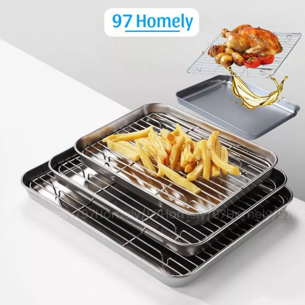 Khay Nướng Inox 304 (Tặng Vỉ Ráo Dầu) Nhiều Size Nướng Bánh Xửng Hấp Vỉ Hấp 97HOMELY DT240404301