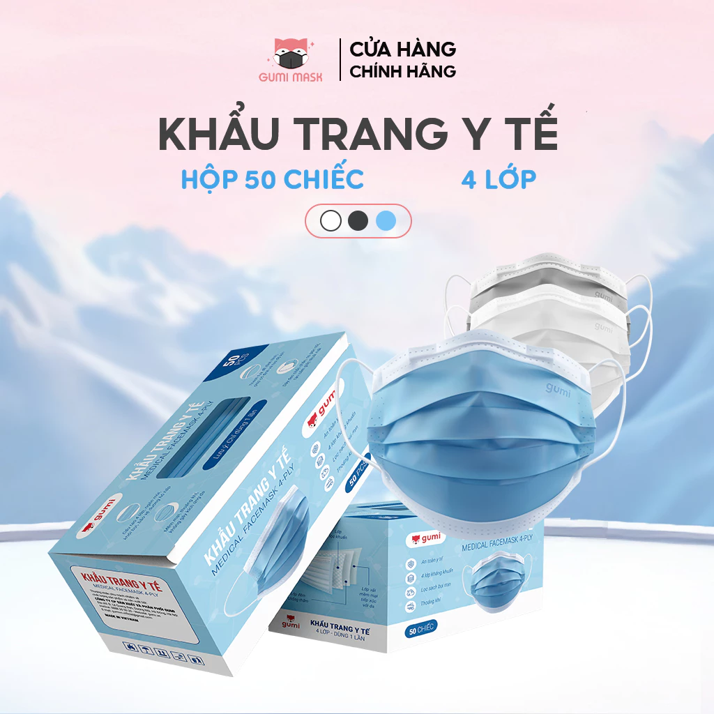 [HỘP 50 CHIẾC] Khẩu trang y tế 4 lớp Gumi Mask kiểu dáng gấp nếp kháng khuẩn, chống bụi mịn