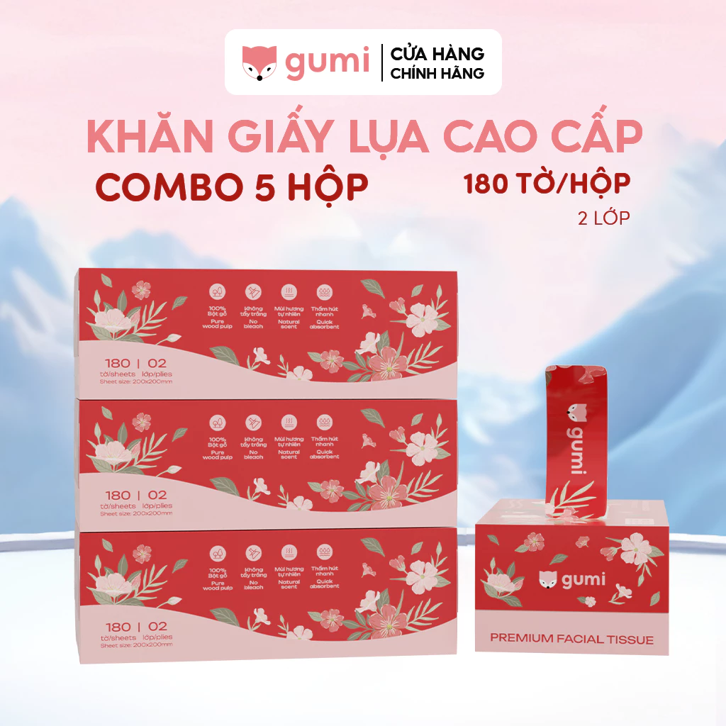 Combo 5 Hộp khăn giấy rút lụa cao cấp GUMI, Khăn giấy lụa mềm mịn đảm bảo an toàn cho làn da.