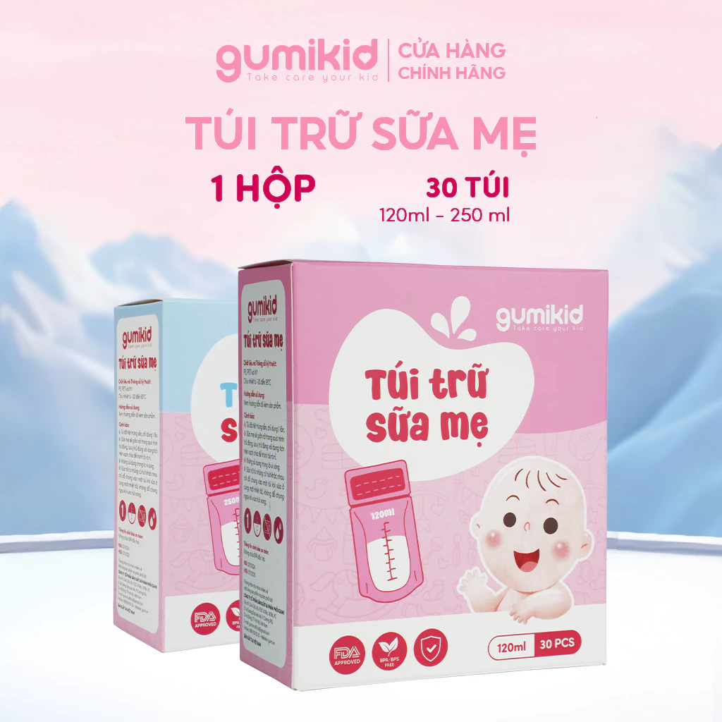HỘP 30 TÚI TRỮ SỮA GUMIKID Dung Tích 120ml-250ml, Bảo Quản Sữa Mẹ An Toàn, 2 Khóa Zipper Chống Rò Rỉ