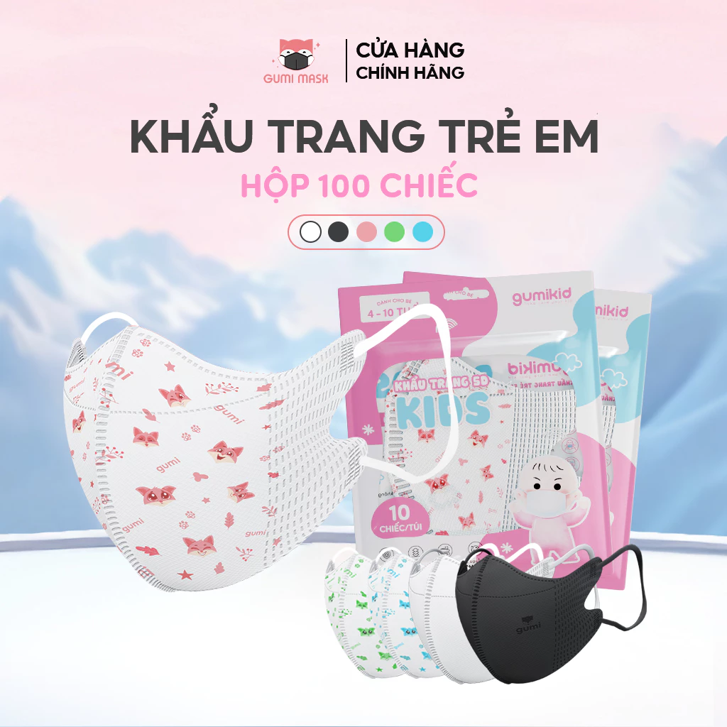 [4-10 TUỔI]  Hộp 100 chiếc Khẩu trang trẻ em 5D Gumi 3 lớp mask kháng khuẩn lọc bụi PM 2.5