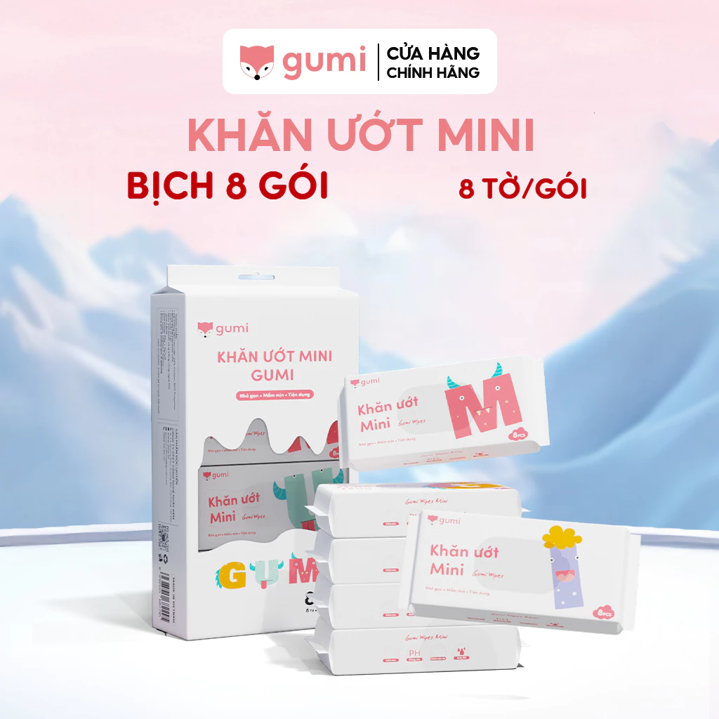 Hộp 20 gói Khăn giấy ướt Gumi Mini tiện lợi, không mùi bỏ túi tiện lợi.