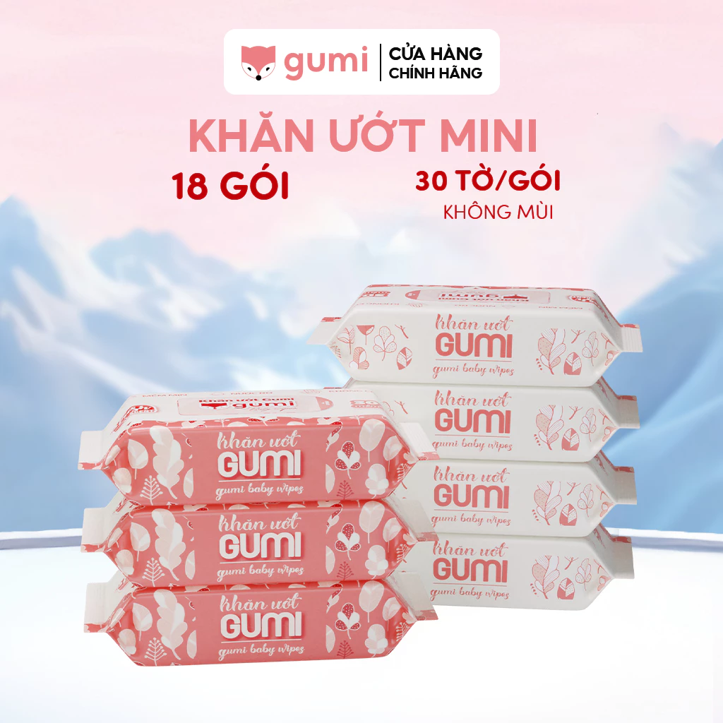 Thùng 18 gói khăn ướt 30 tờ Gumi không cồn không parabens cao cấp dành cho em bé