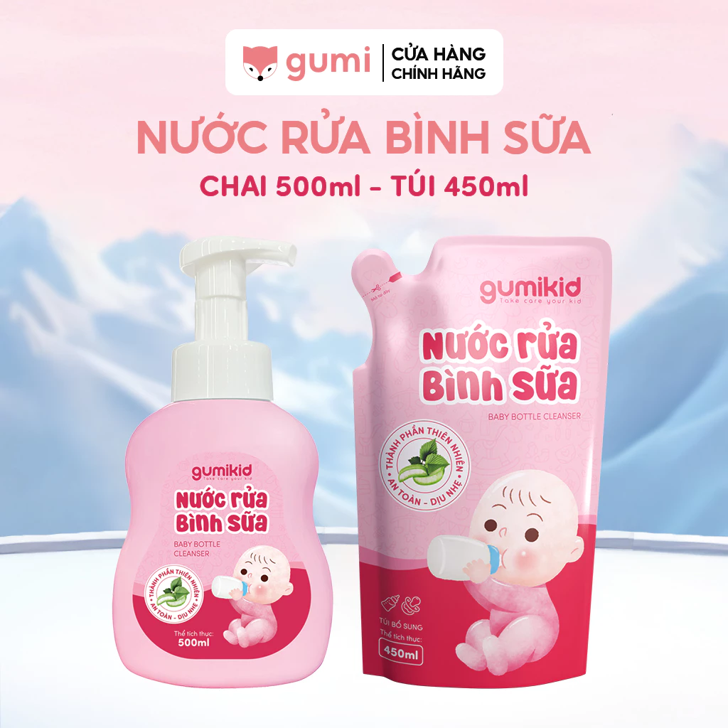 Nước rửa bình sữa trẻ em GumiKid chiết xuất lá tía tô làm sạch hiệu quả, an toàn, kháng khuẩn cho bé