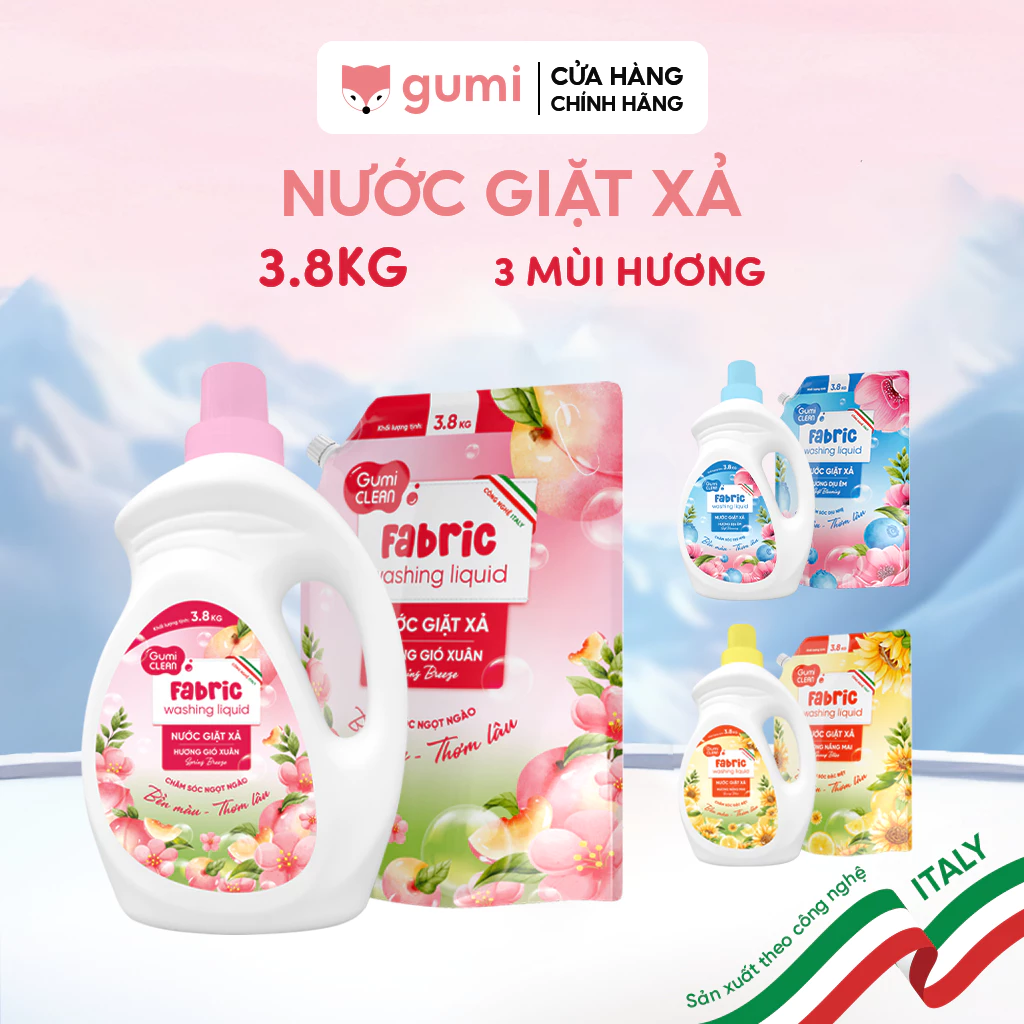 Nước giặt xả gia đình Gumi Clean Can/ Túi 3,8kg Hương Gió xuân- Nắng mai- Dịu êm làm sạch vết bẩn,lưu hương bền lâu.