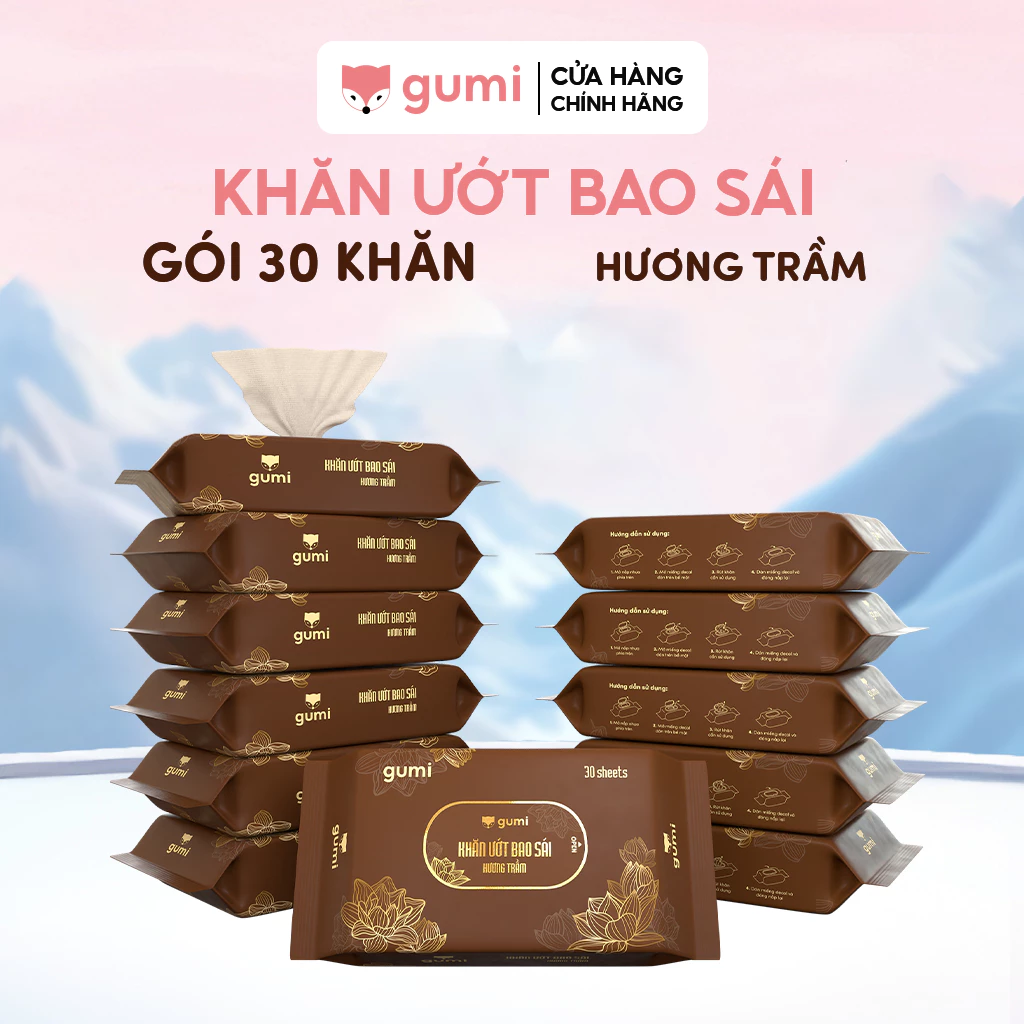 Hộp 20 gói khăn ướt bao sái hương trầm Gumi mềm nhẹ nhàng làm sạch các vật phẩm thờ cúng