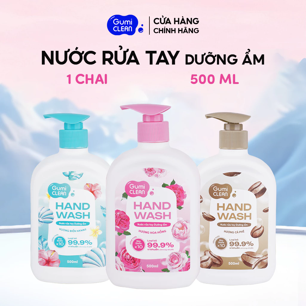 Nước rửa tay sinh học Gumi Clean 500ml Hương Hoa Hồng, Biển Hawaii, Cà phê sạch khuẩn, dưỡng ẩm da tay