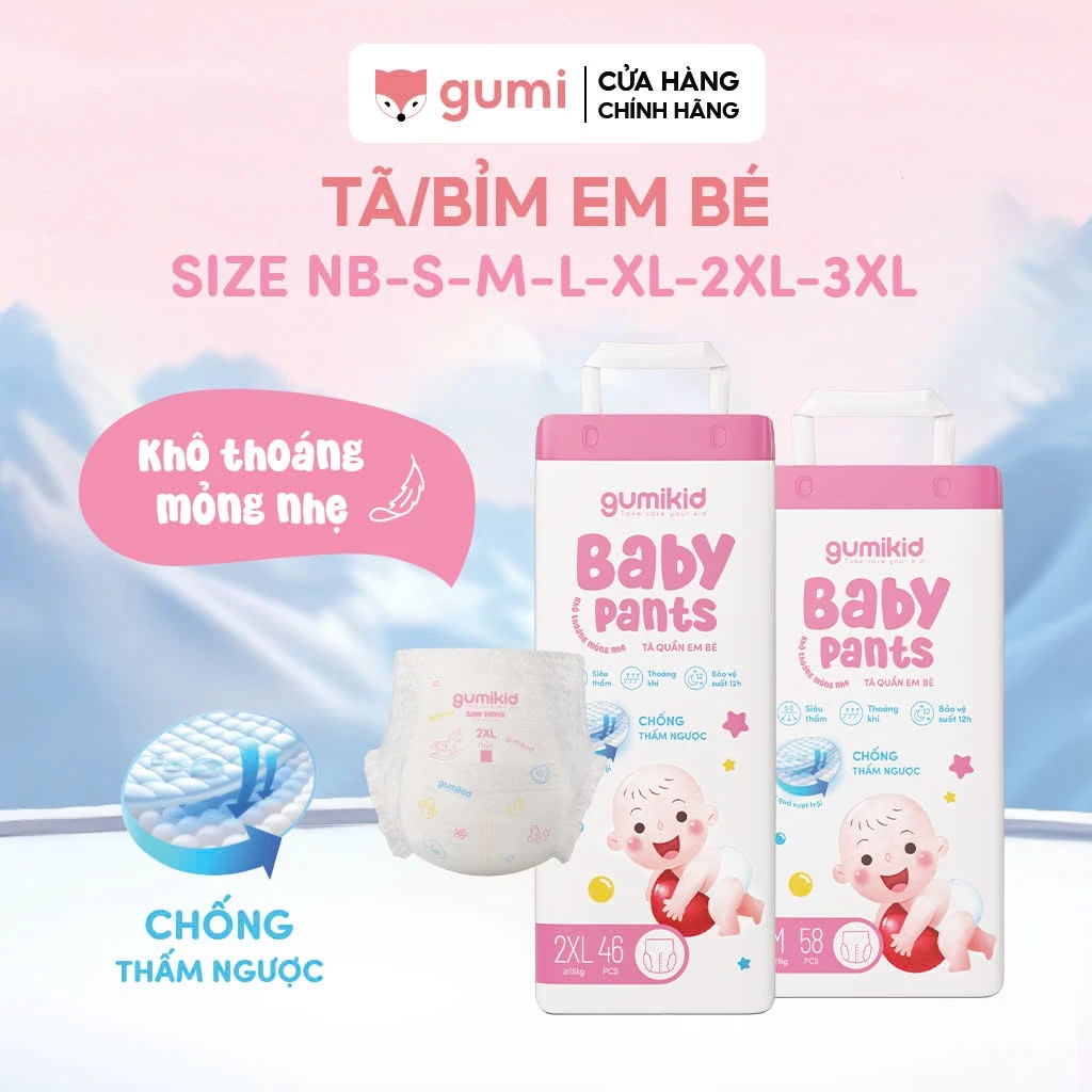 Tã/Bỉm Quần Dán Cho Bé GUMIKID Kháng Khuẩn, Chống Tràn,Thấm Hút Tốt Khô Thoáng Cả Ngày