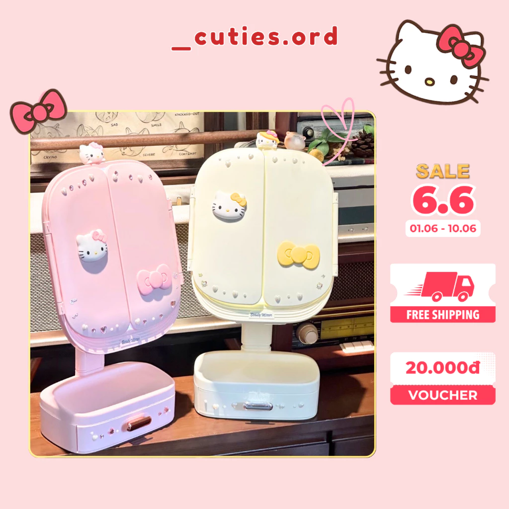 🪞 Gương Để Bàn Hello Kitty Có Đèn LED Siêu Cute – 2 Màu Hồng & Vàng Kem | Hàng Order 🌟