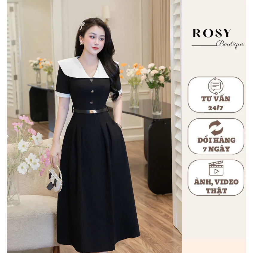 Váy thiết dáng xòe cổ chữ V xinh xắn ,thiết kế Rosy V65 (tặng kèm thắt lưng)