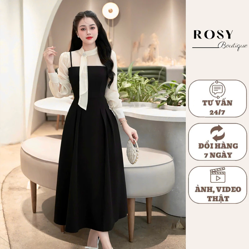 Váy thiết kế Rosy dáng dài Váy phối tơ, cổ nơ dáng xoè che khuyết điểm V44