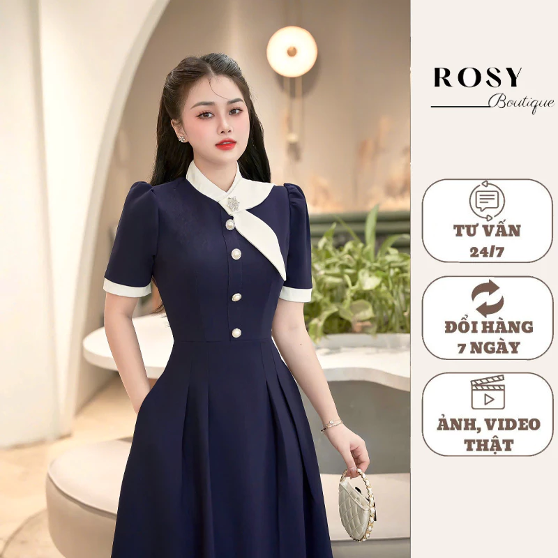 Váy công sở thiết kế cổ lá phối viền trắng dáng dài thanh lịch, thiết kế Rosy V53