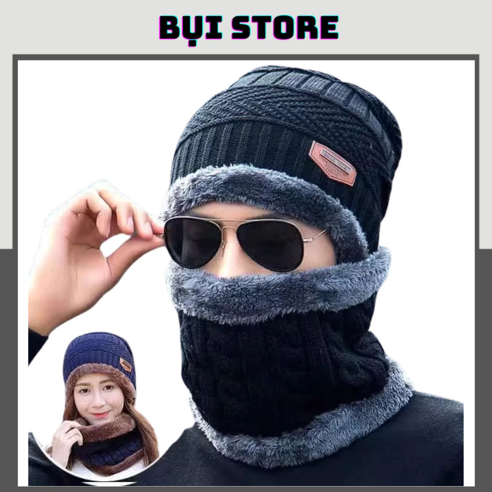 Mũ len trùm đầu nam nữ kèm khăn quàng cổ nón len mùa đông mũ beanie unisex cho người lớn ấm áp, đi học, đi làm SongTing