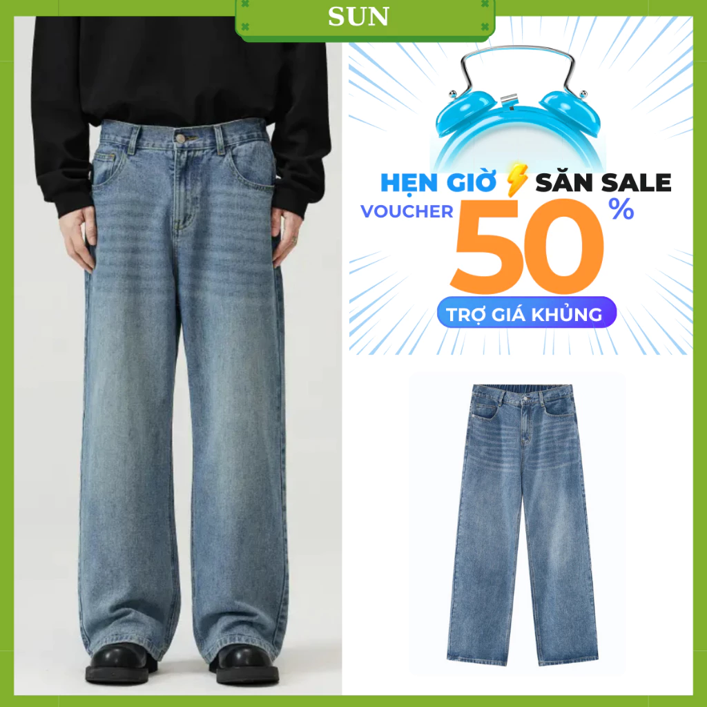 Quần jean ống suông nam nữ SUN T9 WASH XANH dễ phối đồ theo phong cách hàn quốc