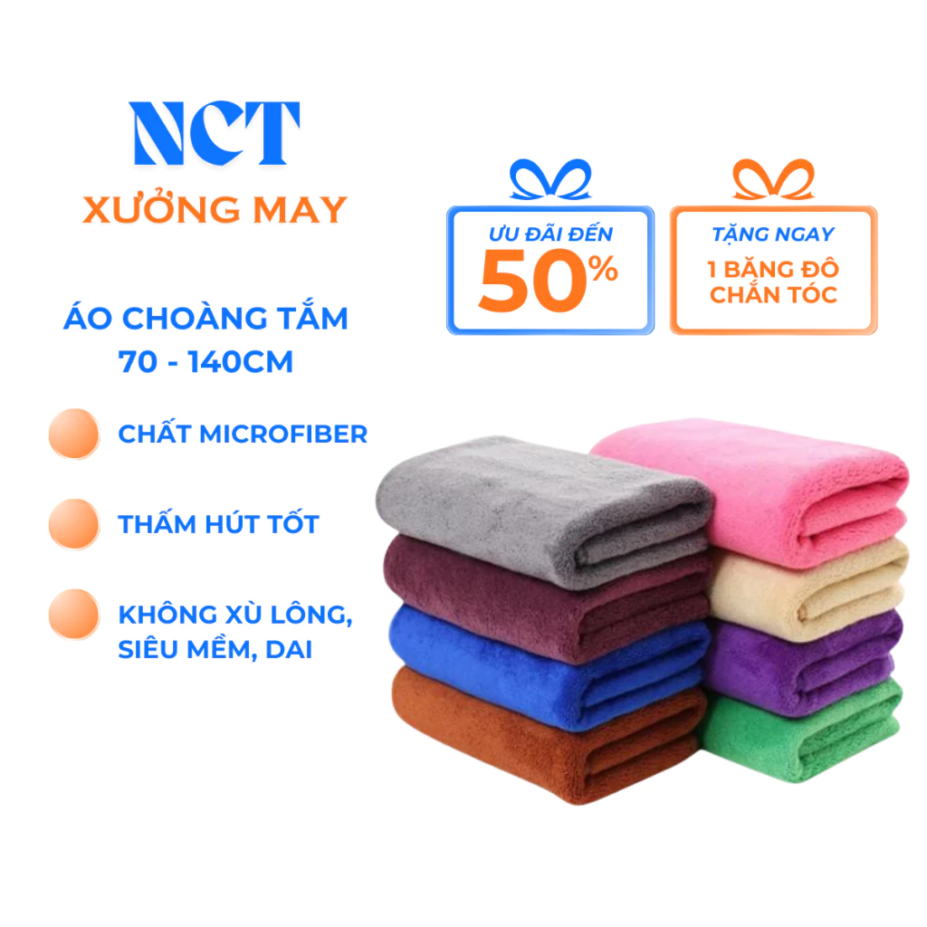Khăn tắm kích thước 70 - 140cm chất liệu microfiber mềm mịn, thấm hút tốt, không xù, giặt máy tốt - NCT