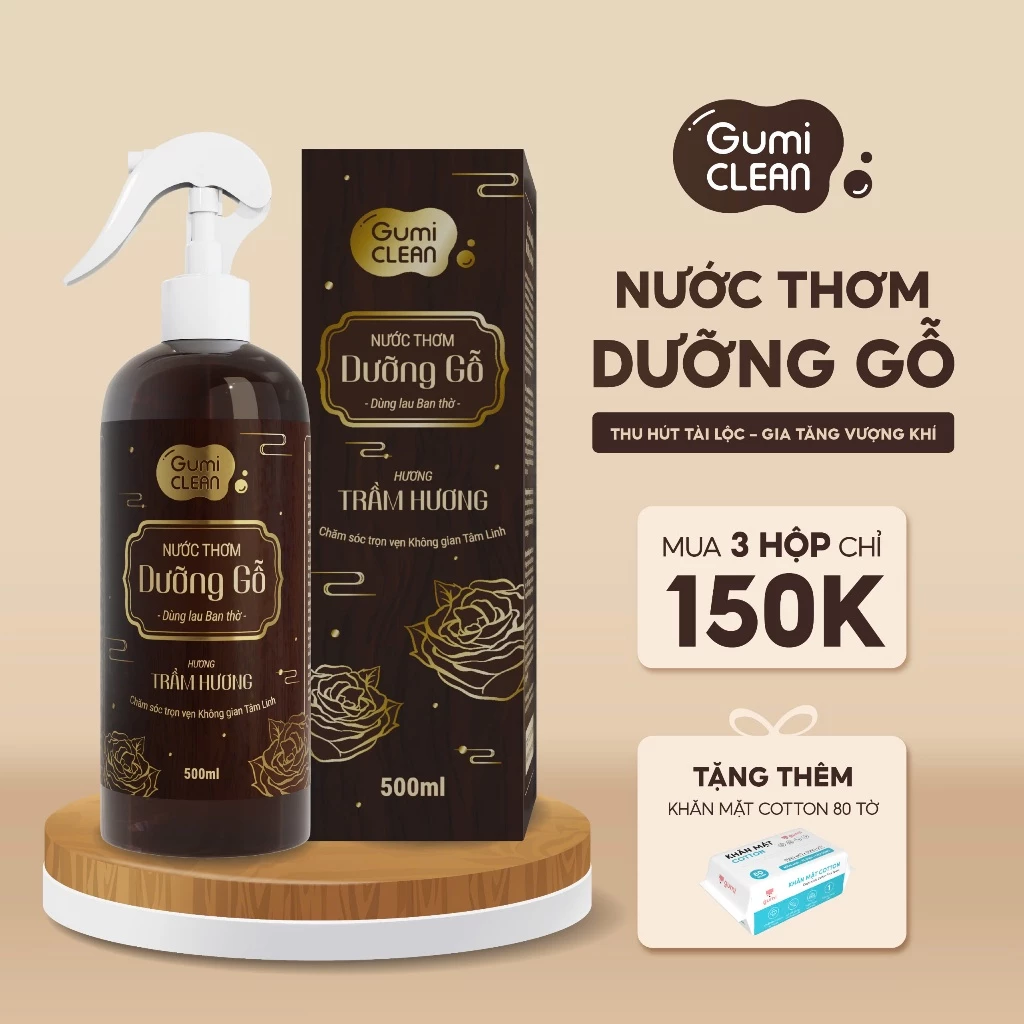 Nước lau bàn thờ thơm dưỡng gỗ hương trầm Gumi Clean dùng lau ban thờ thành phần tự nhiên, làm sạch dưỡng gỗ