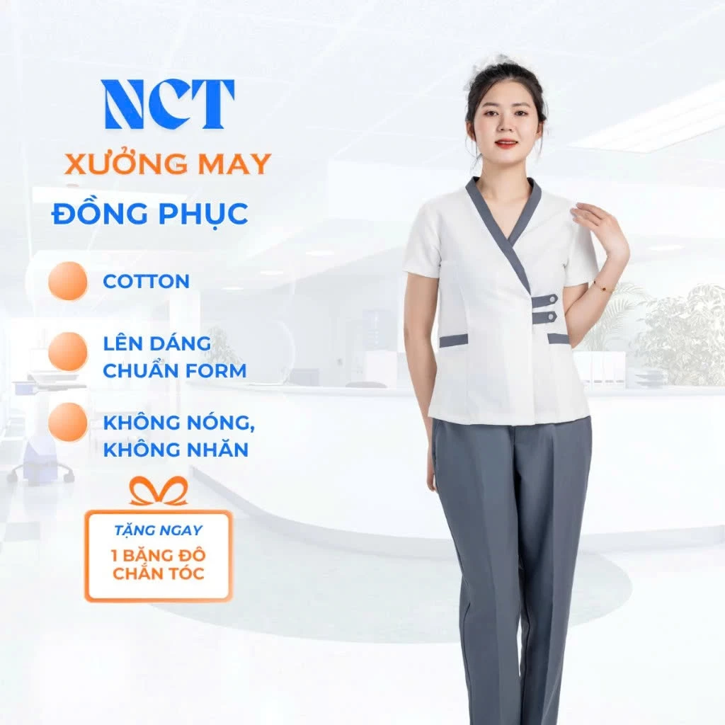 "Bộ đồng phục spa, thẩm mỹ viện cao cấp - Váy và quần vải cotton lạnh Xưởng May Thành Trinh TT06"