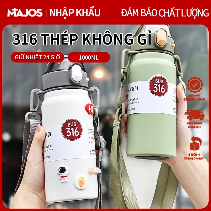 Bình Giữ Nhiệt inox 316 Có Ống Hút, Bình Nước Giữ Nhiệt Nóng Lạnh 24H 800ml/1000ml quai xách đi làm đi học tiện lợi
