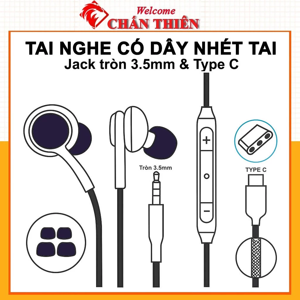 Tai Nghe Có Dây Nhét Tai Jack 3.5mm & Type-C,Tương Thích Điện Thoại Samsung Xiaomi Oppo Realme