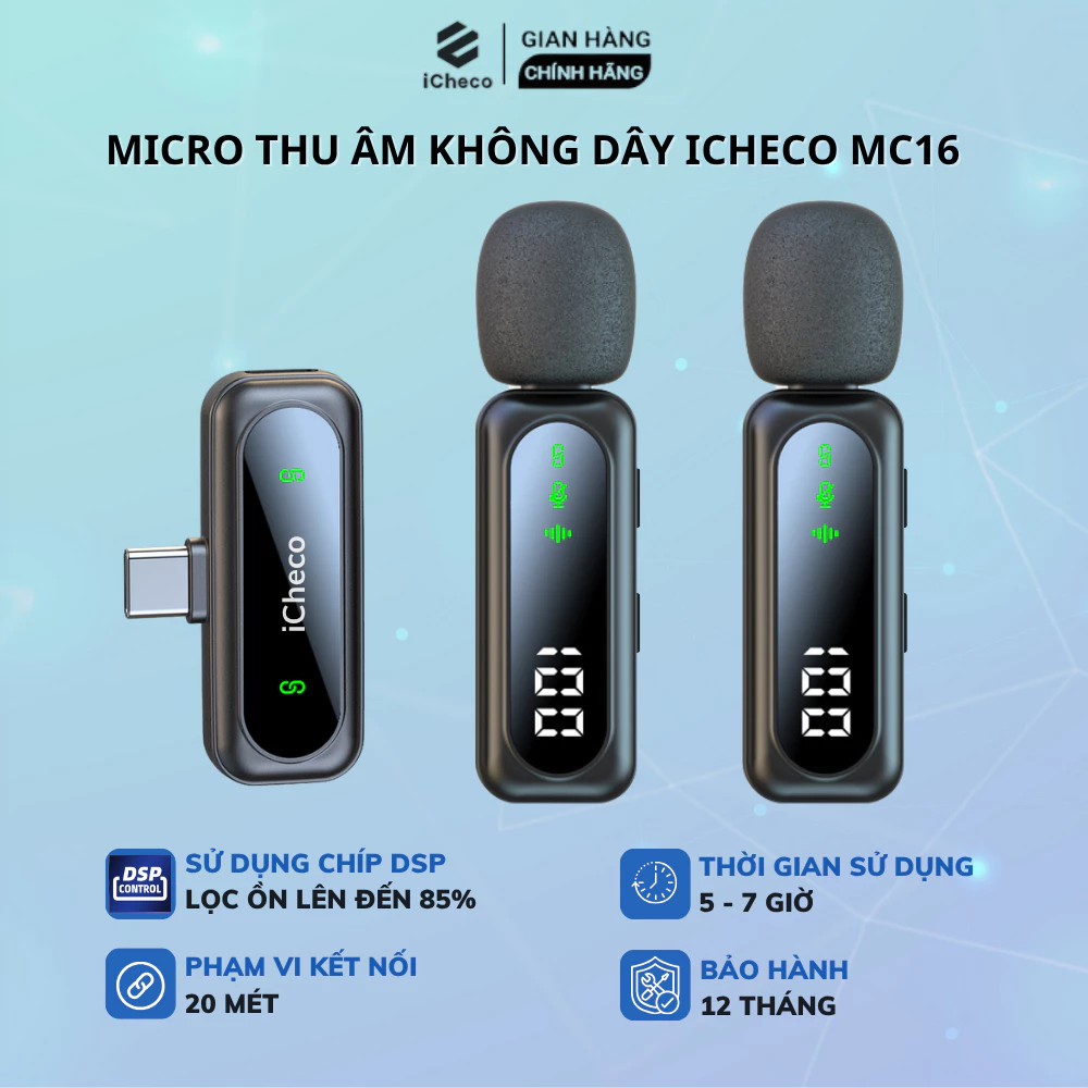 Mic thu âm không dây MC16 micro điện thoại cài áo livetream quay video lọc tiếng ồn iCheco