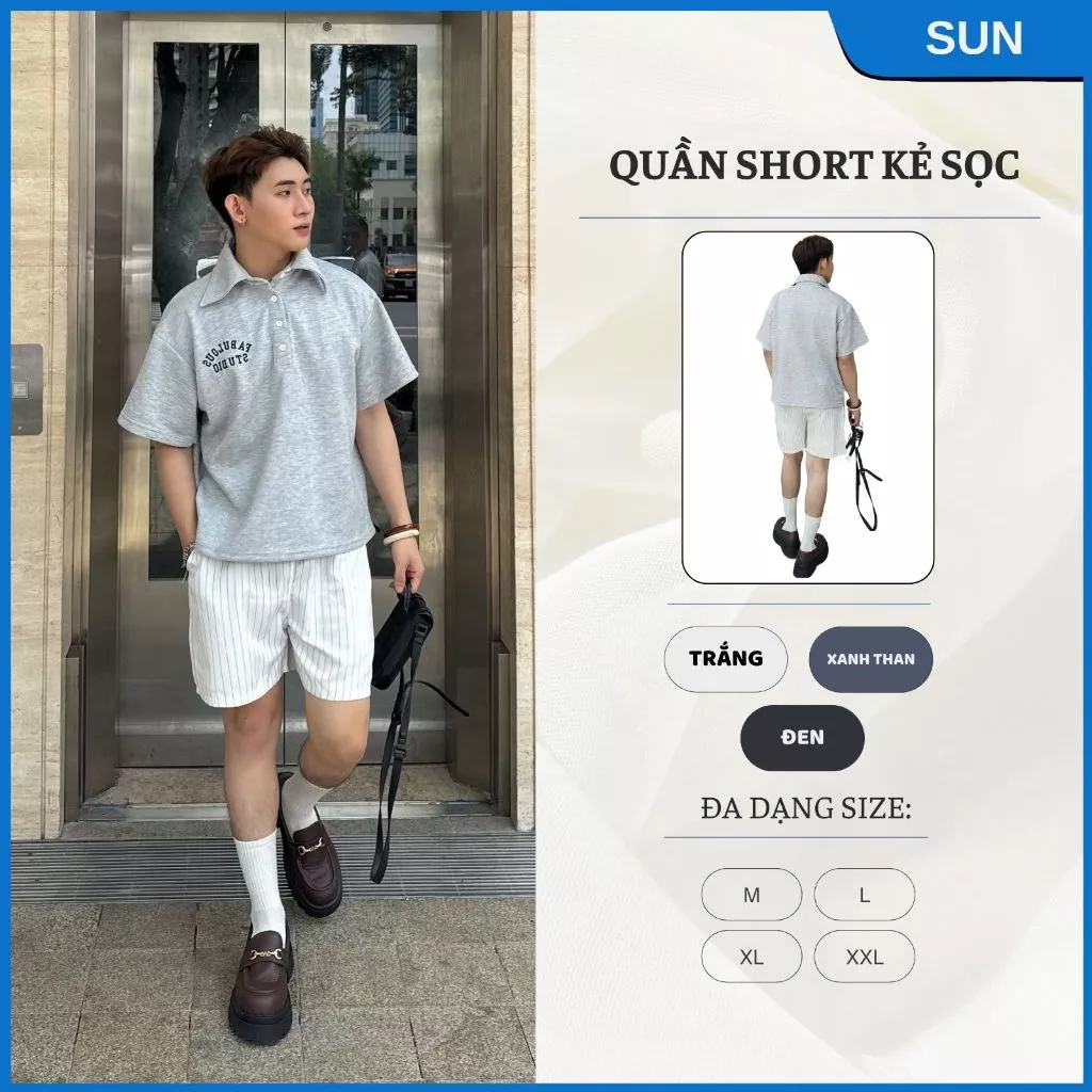 Quần short kẻ sọc nam nữ màu trắng form rộng SUN, thiết kế basic dễ phối đồ theo phong cách hàn quốc