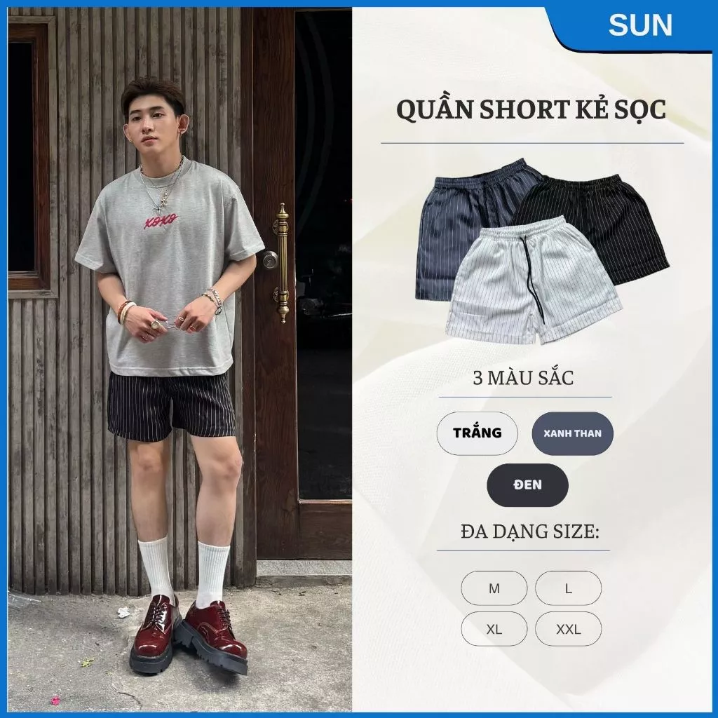 Quần short kẻ sọc nam nữ 3 màu form rộng SUN, thiết kế basic dễ phối đồ theo phong cách hàn quốc