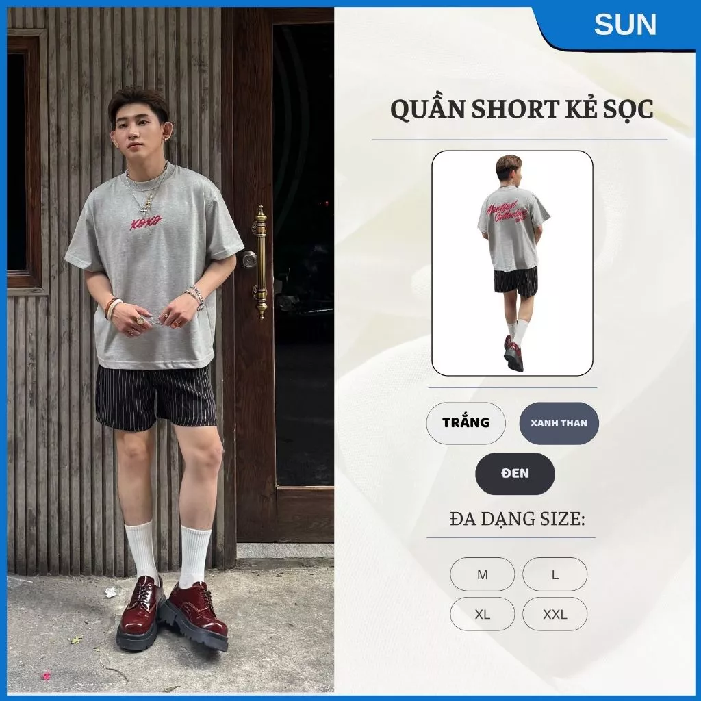 Quần short kẻ sọc nam nữ màu đen form rộng SUN, thiết kế basic dễ phối đồ theo phong cách hàn quốc