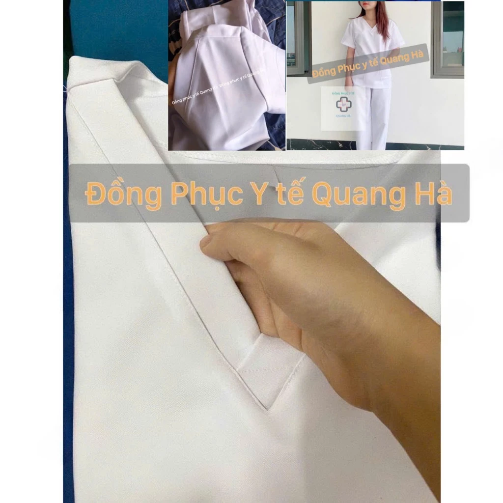 Bộ Scrubs màu Trắng vải lon nhật - bác sĩ, blouse cổ tim, đồng phục điều dưỡng, spa, thẩm mỹ viện,