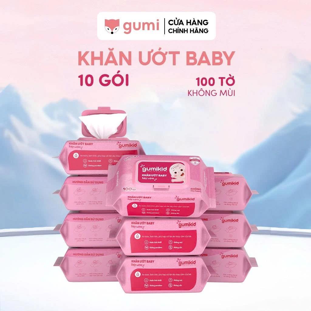 (KID)Thùng 10 gói khăn ướt Gumi không cồn không parabens cao cấp dành cho em bé.
