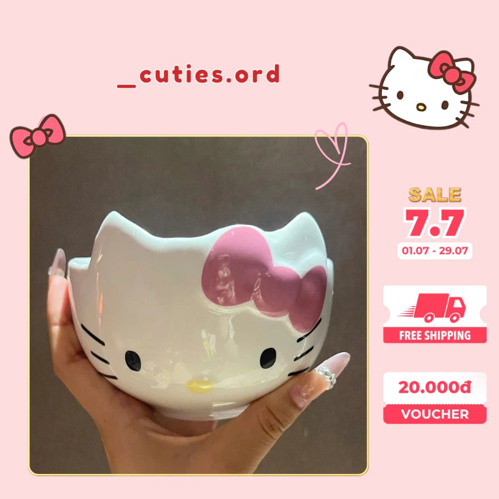[ORDER] Bát Ăn Hello Kitty Tặng Kèm Muỗng Sứ Siêu Dễ Thương Cao Cấp – Gốm Sứ Chống Nóng, Bền Đẹp