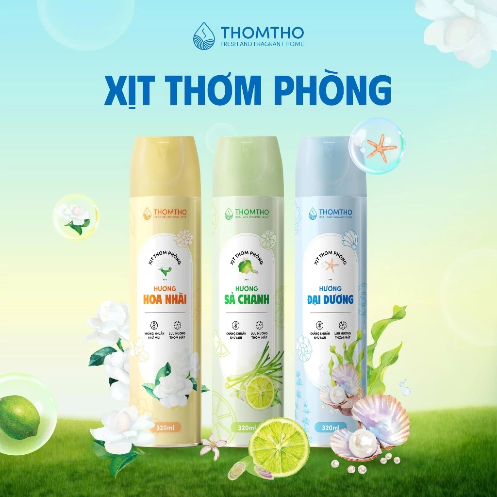 Xịt thơm phòng Thomtho hương Sả Chanh, Hoa Nhài, Đại Dương xua đuổi muỗi côn trùng, khử mùi, thơm mát