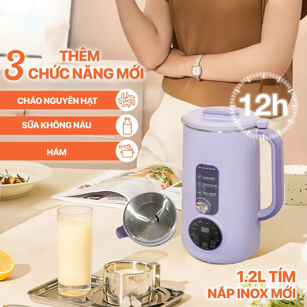 Máy làm sữa hạt thêm 3 chức năng cháo nguyên hạt, sữa không nấu, hầm cho phiên bản 1.2L nắp inox mới mini model SM – 103