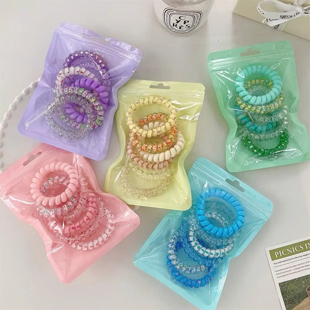 SET 6 Dây Chun Thun Buộc Tóc Vòng Đeo Tay Dạng Lò Xo Màu Thạch Pastel Mix Họa Tiết Vintage Dành Cho Nữ